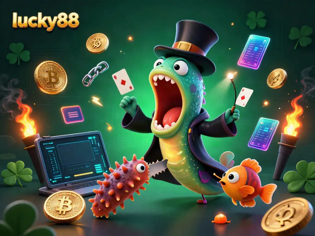 Experience thrilling casino magic with lucky88 as a deep-sea eel performs card tricks, amidst vibrant neon coins.