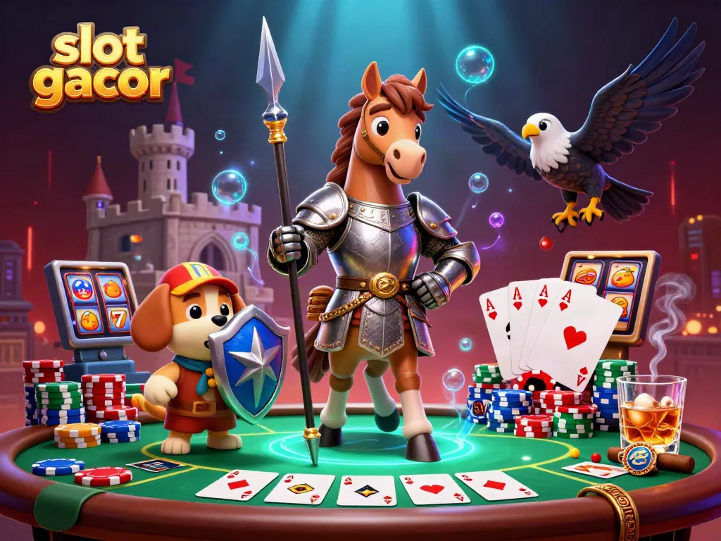 Experience the thrill of slot gacor with a knight and his companions in a vibrant casino setting.