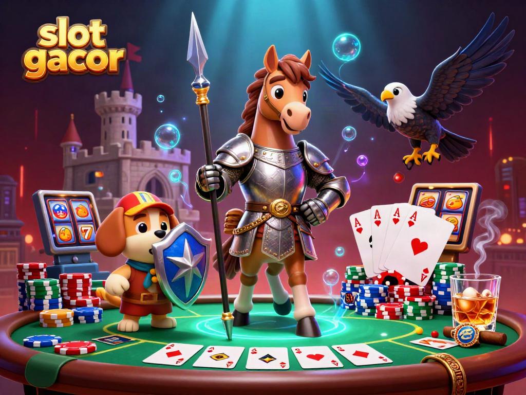 Experience the thrill of slot gacor with a knight and his companions in a vibrant casino setting.