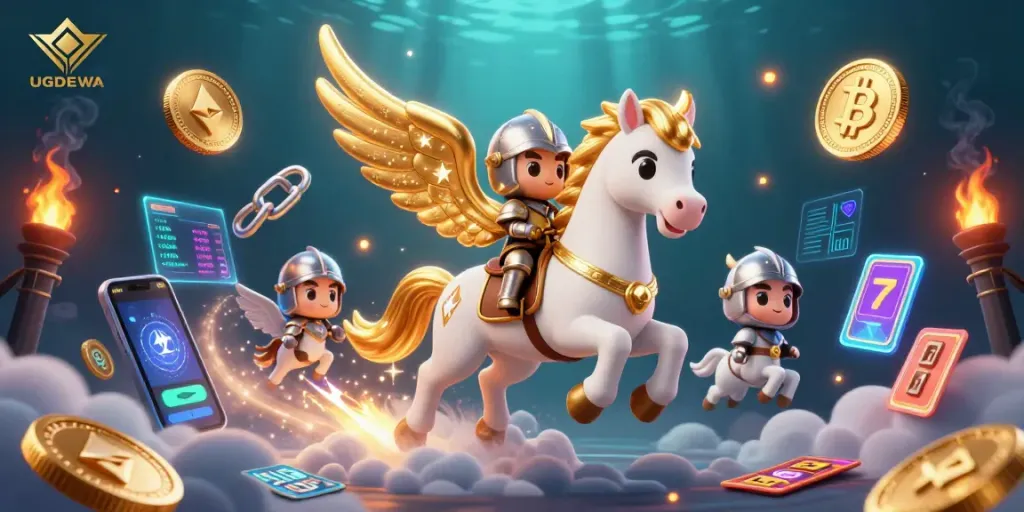 Experience the thrill of gaming with UGDEWA's vibrant casino universe featuring a galloping knight and crypto elements.