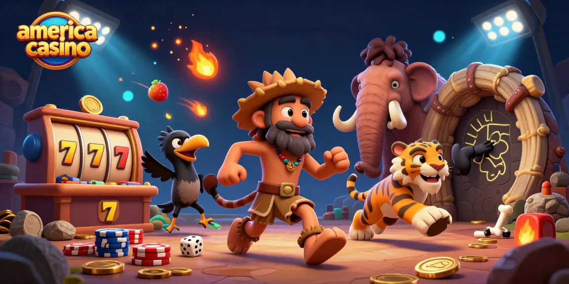 Experience winning at the america casino with caveman characters in a prehistoric gaming setting, symbolizing adventure and excitement.
