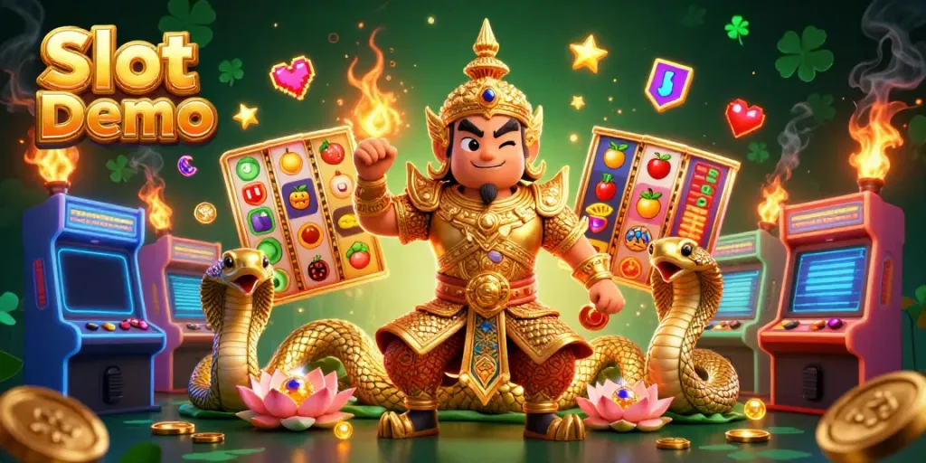 Play engaging Slot Demo games with stunning visuals and interactive features, surrounded by dynamic casino-themed elements.