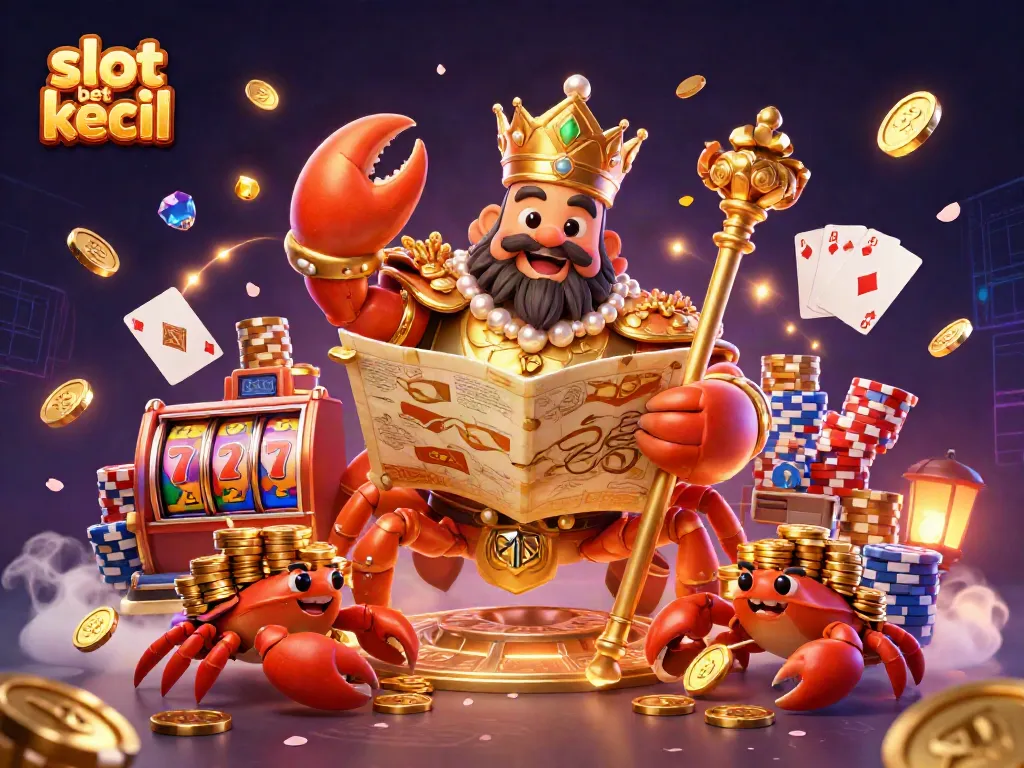Experience the thrill of slot bet kecil with a dazzling crab emperor and sparkling gems in a vibrant casino scene.