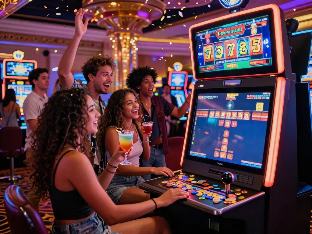Friends celebrating a big win at the Lucky777 slot machine in a vibrant casino setting.