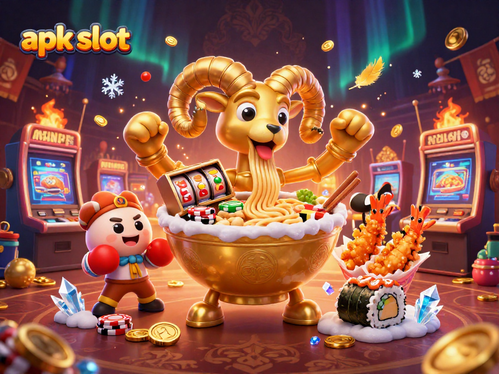 Aksi seru di apk slot dibuktikan dengan karakter ramen mengatur slot, dikelilingi koin emas dan simbol kemenangan yang berkilauan.