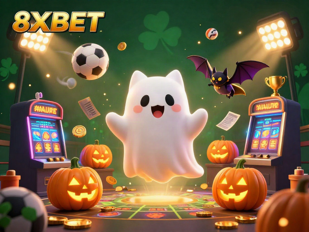 Float and win with 8XBET at a dynamic haunted casino, featuring thrilling characters and vibrant gambling elements.