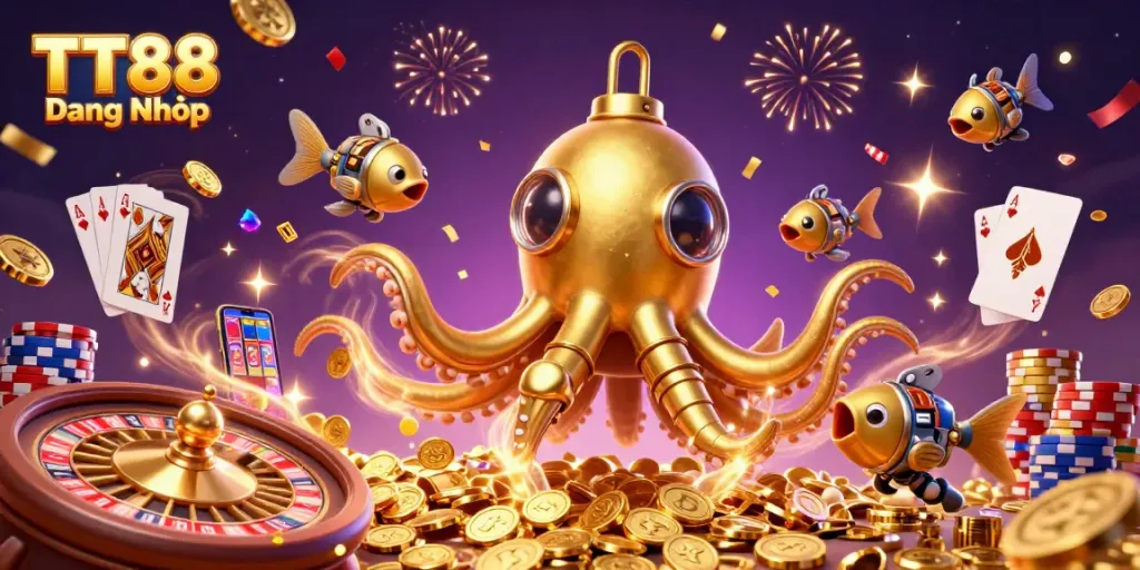 Experience TT88 Đăng Nhập in a vibrant casino scene with golden kraken and treasures.