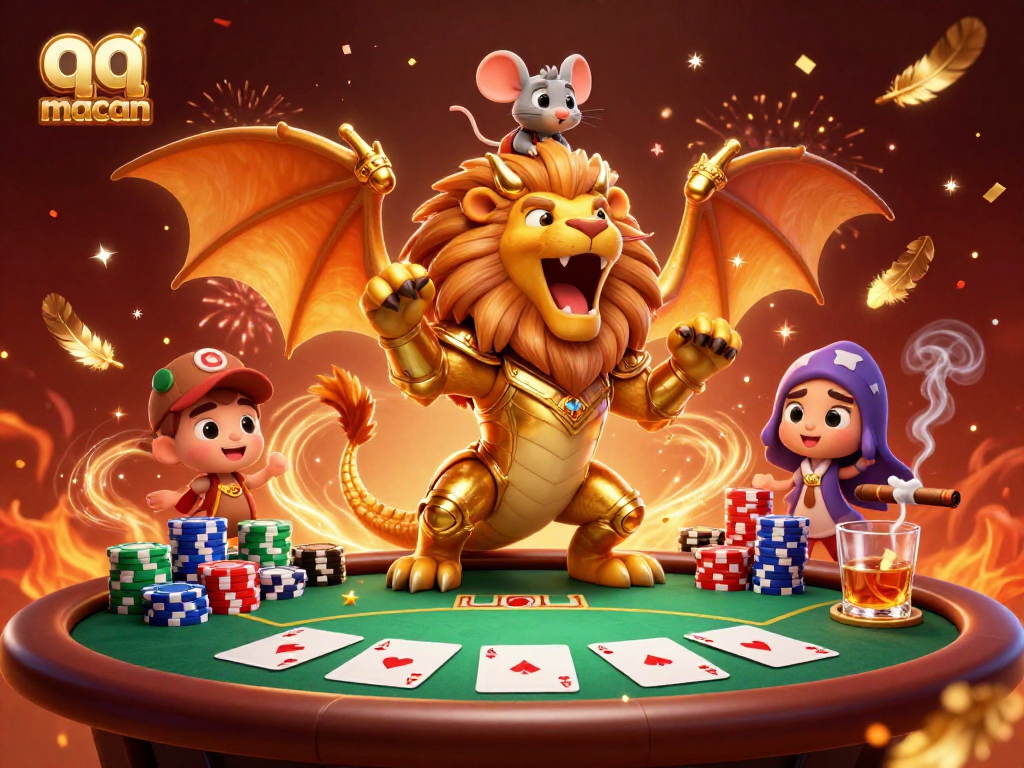 Experience thrilling poker action with qqmacan, featuring an epic chimera victory scene.