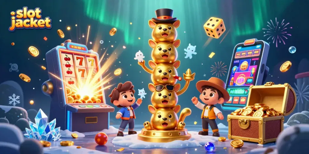 Experience exciting slot jackpots with vibrant 3D elements, including a winning totem, slot machine, and festive symbols.