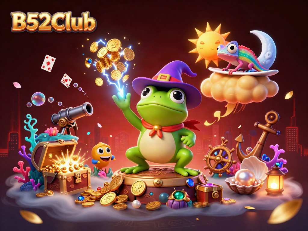 Experience the thrill of B52Club with a magical scene of a wizard frog and a chameleon amidst a storm of coins.
