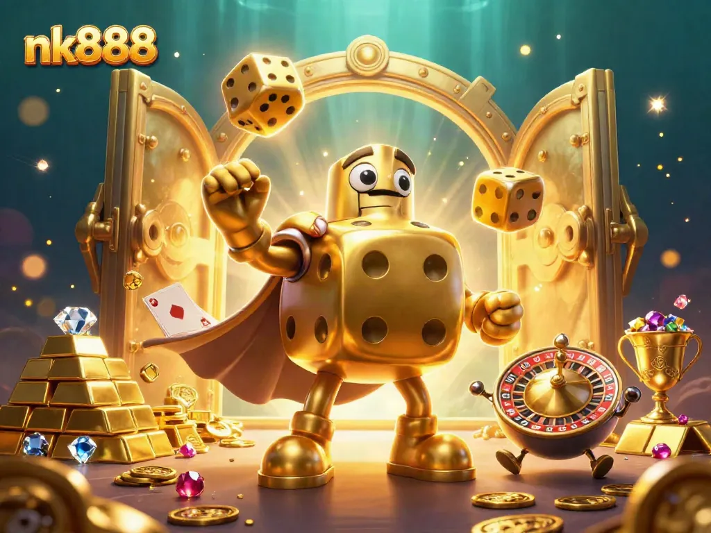 Engage with the vibrant nk888 online casino scene featuring golden dice golem and treasure elements.
