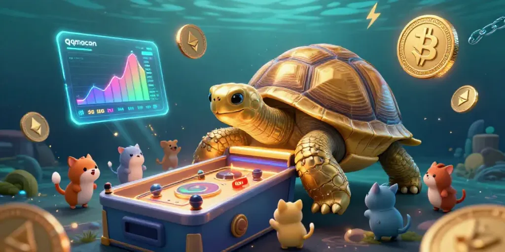 Engage with the qqmacan gaming excitement featuring a golden tortoise pinball machine amidst colorful crypto elements.