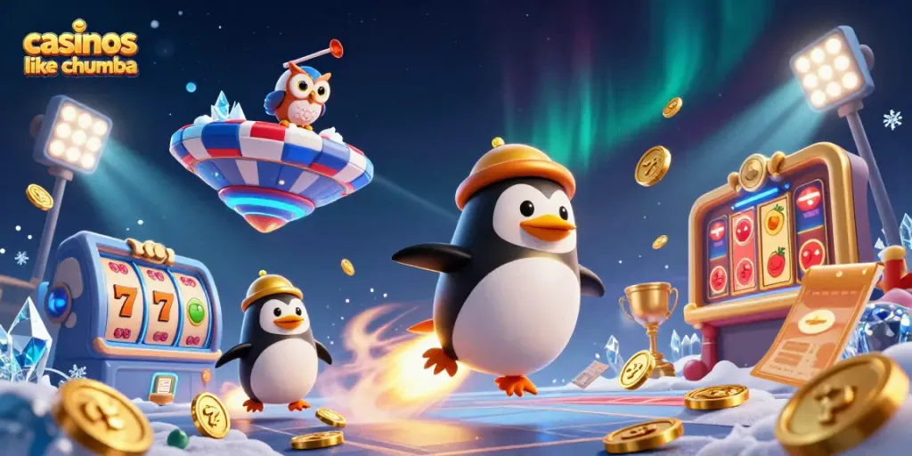 Engage with casinos like Chumba in this vibrant 3D scene showcasing a golden penguin and slot themes.
