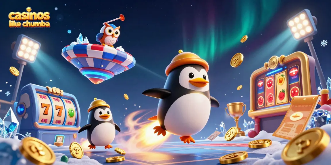 Engage with casinos like Chumba in this vibrant 3D scene showcasing a golden penguin and slot themes.