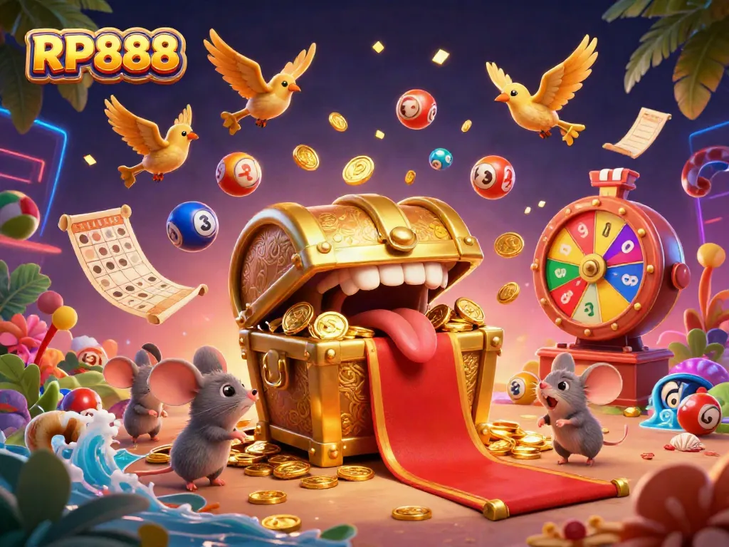 Engage in RP888's dynamic lottery and gaming experience with a vibrant, cartoonish illustration featuring rich colors and lively elements.