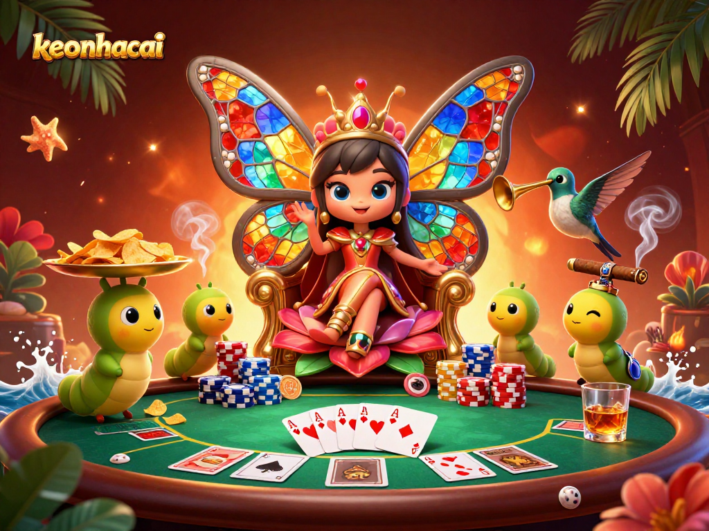 Engage in thrilling poker games with the vibrant 3D butterfly queen of keonhacai.