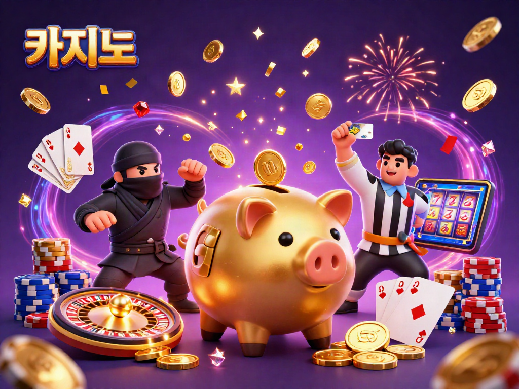 카지노사이트에서 잔뜩 쏟아지는 금화와 보석을 배경으로 축제 느낌을 주는 캐릭터들
