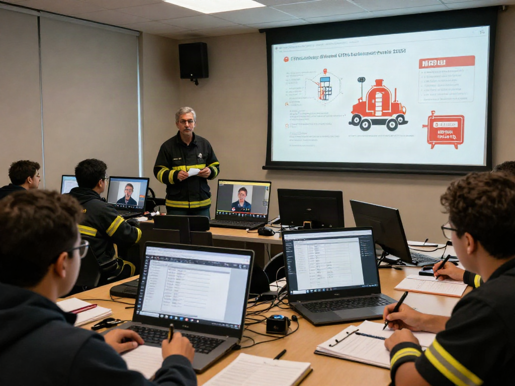 Live virtual training session for CFPS Certification Saudi Arabia with participants engaged in fire safety learning.