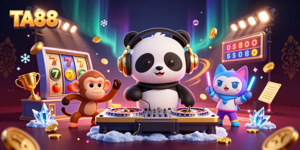 Experience thrilling gaming at TA88 with lively characters in a vibrant casino backdrop.