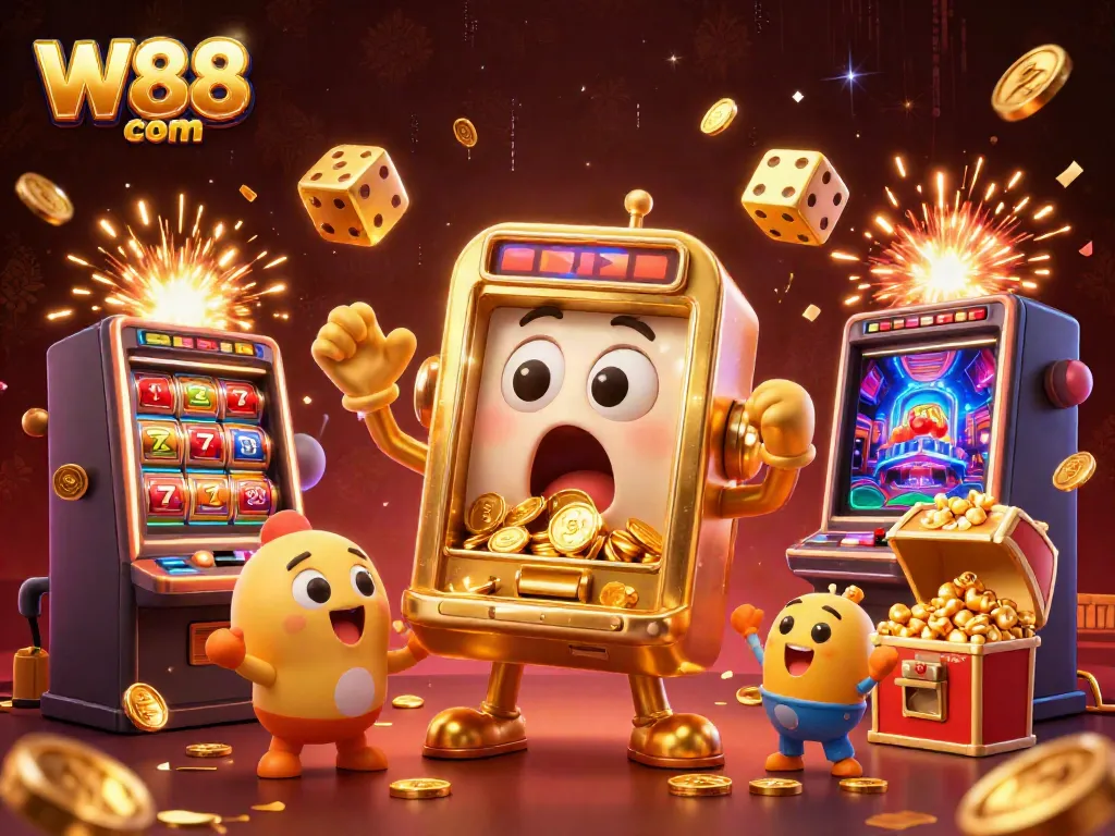 Experience thrilling jackpot moments at W88 com with a lively 3D slot machine celebration.