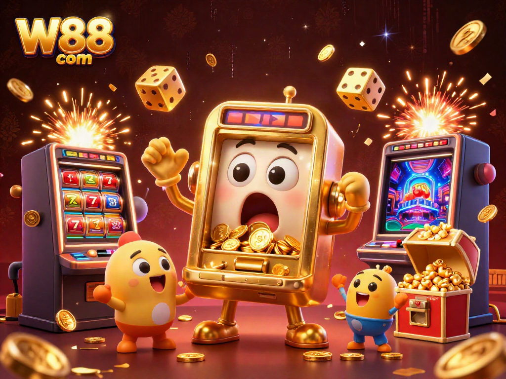 Experience thrilling jackpot moments at W88 com with a lively 3D slot machine celebration.