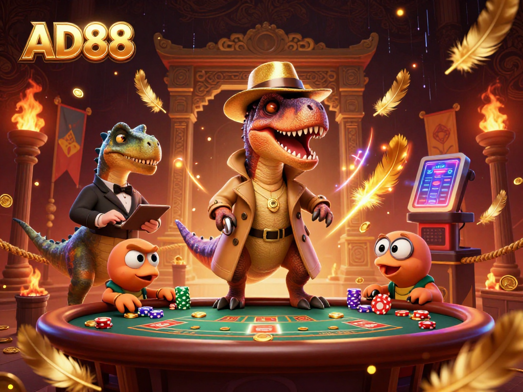 Engage in thrilling gameplay with AD88's dynamic blackjack scene featuring unique characters and vivid casino elements.