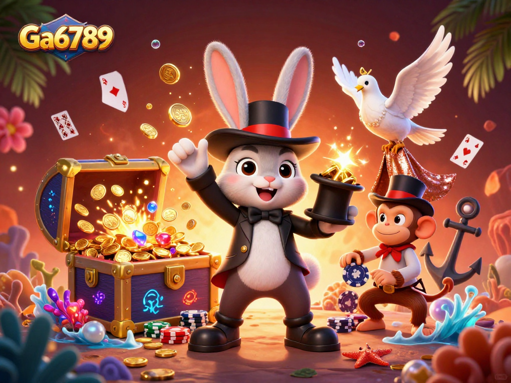 Ga6789 showcases thrilling casino adventures with whimsical characters in a vibrant 3D scene.