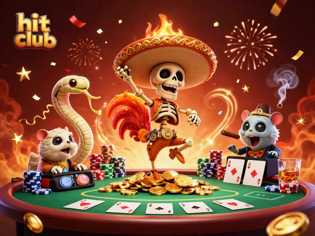 Hit club celebration with a vibrant mariachi rooster, mummy snake, and zombie DJ amidst poker elements.