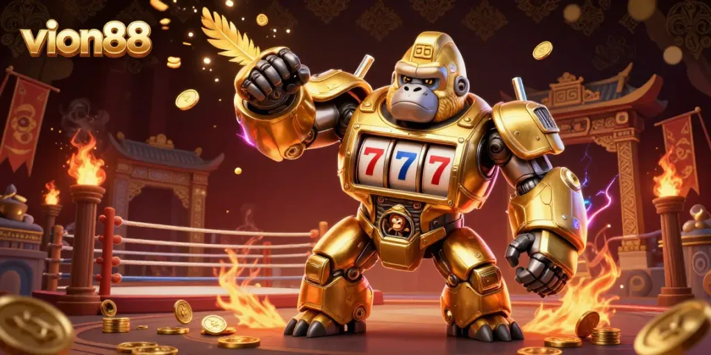 Experience thrilling wins at vion88 with a dynamic 3D illustration of a golden gorilla mech and casino elements.