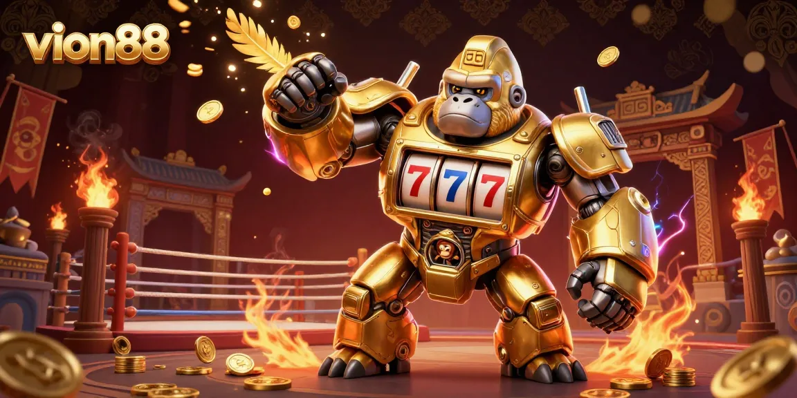 Experience thrilling wins at vion88 with a dynamic 3D illustration of a golden gorilla mech and casino elements.