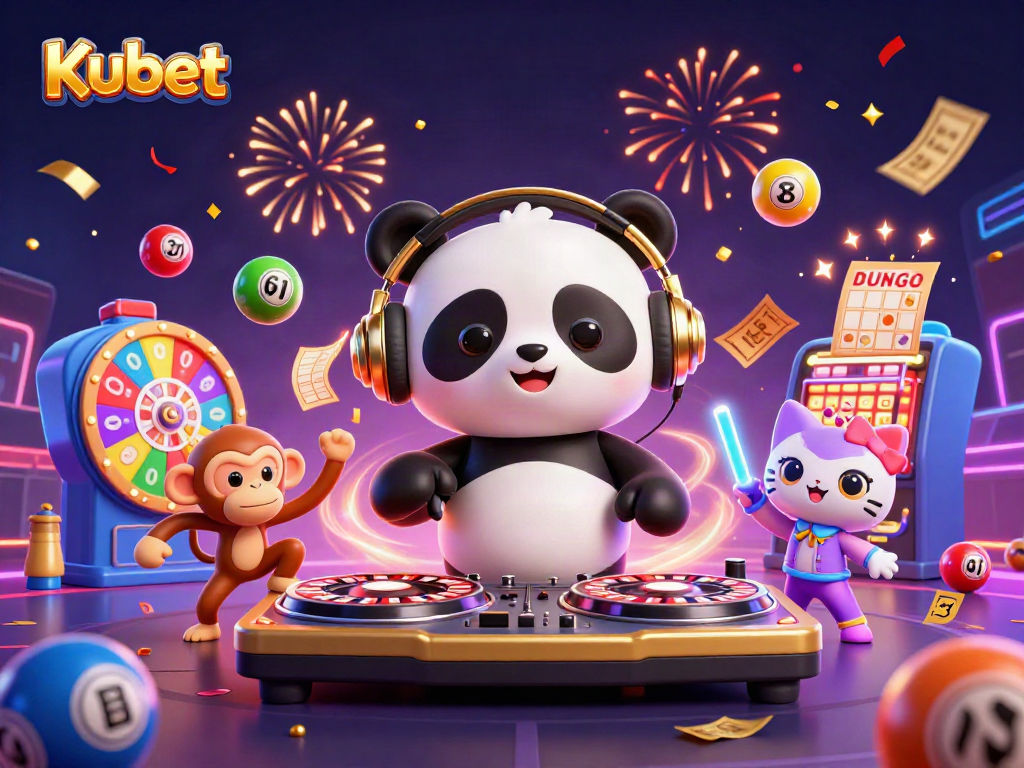 Kubet brings excitement to life with a DJ panda, breakdancing monkey, and rave kitten surrounded by colorful gambling elements.