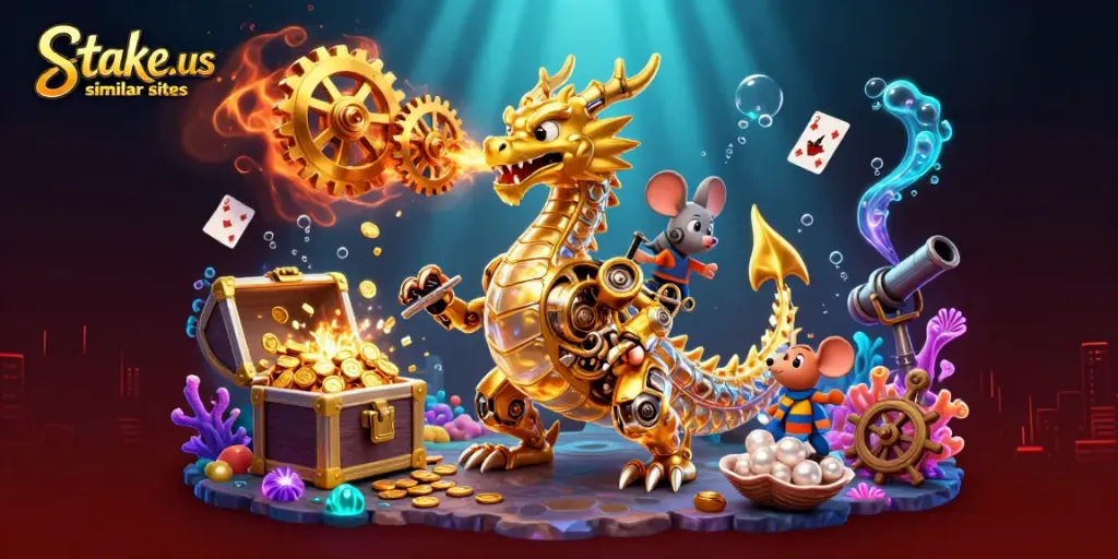 Explore thrilling gameplay at stake.us similar sites with a golden biomechanical dragon and floating casino elements.