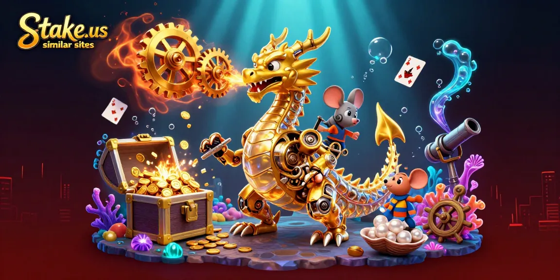Explore thrilling gameplay at stake.us similar sites with a golden biomechanical dragon and floating casino elements.