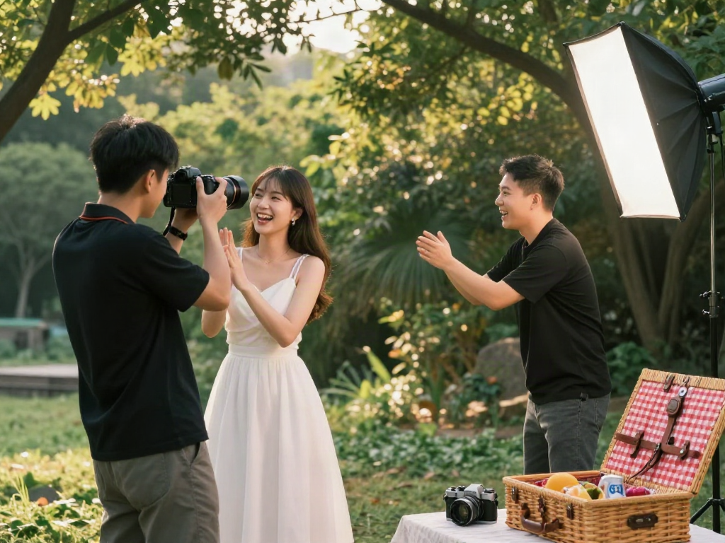 Pengambilan gambar profesional di pulau77, fotografer mengarahkan pasangan di lokasi outdoor yang indah.