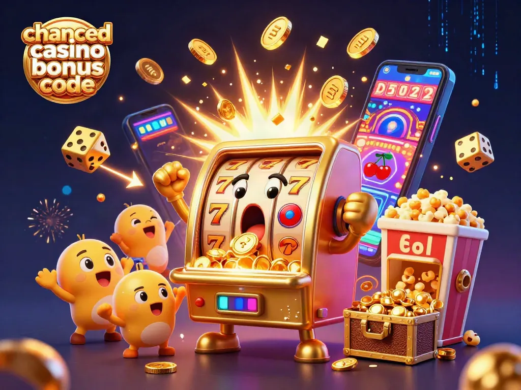 Spin to win with chanced casino bonus code: Golden slots and cheering characters in vibrant 3D illustration.