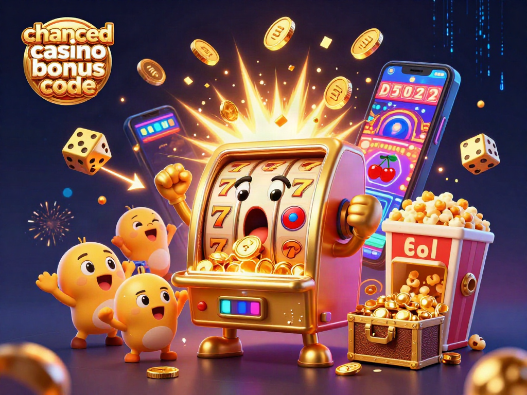 Spin to win with chanced casino bonus code: Golden slots and cheering characters in vibrant 3D illustration.