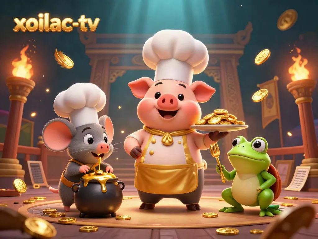 Experience thrilling sports betting excitement with xoilac-tv as the chef pig serves a platter of gold coins in this vibrant scene.