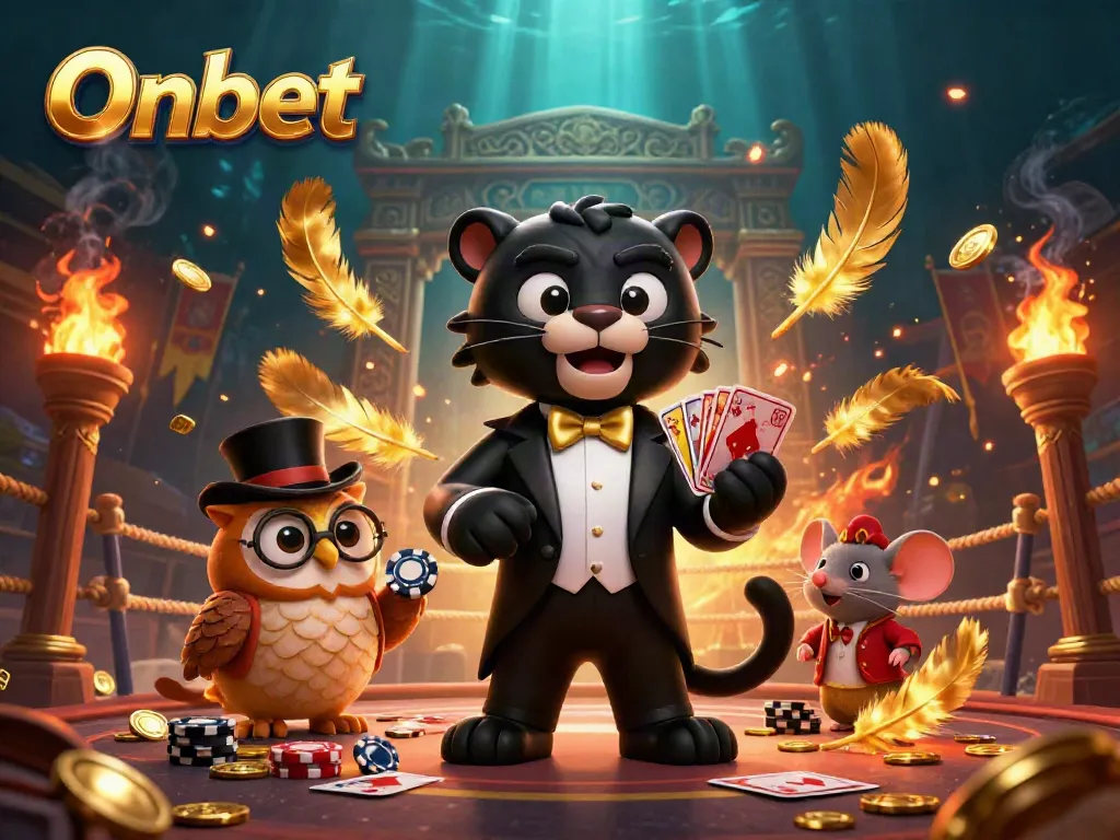 Onbet showcases a stylish panther dealer amidst golden gaming elements in an immersive casino scene.