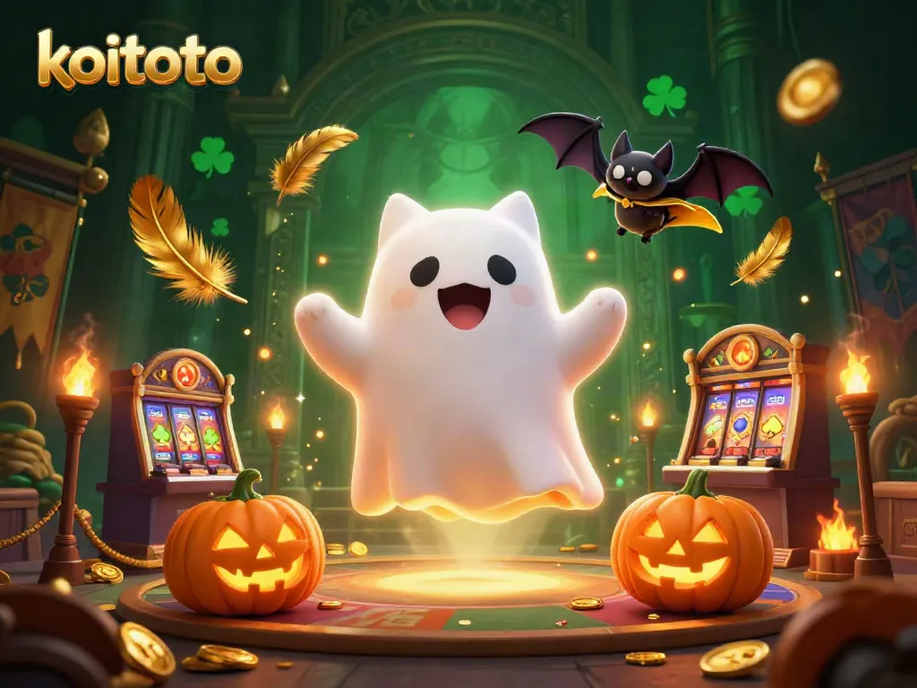 Koitoto showcases a playful ghost cat floating in an enchanting haunted casino environment, interacting dynamically with glowing elements.