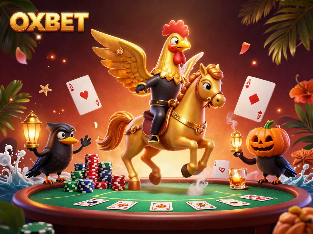 Join the excitement of OXBET with a golden rooster leading a thrilling casino adventure.