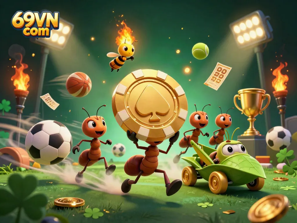 Experience the dynamic excitement of 69VN com, where cartoon ants heist a giant poker chip in a thrilling casino scene.