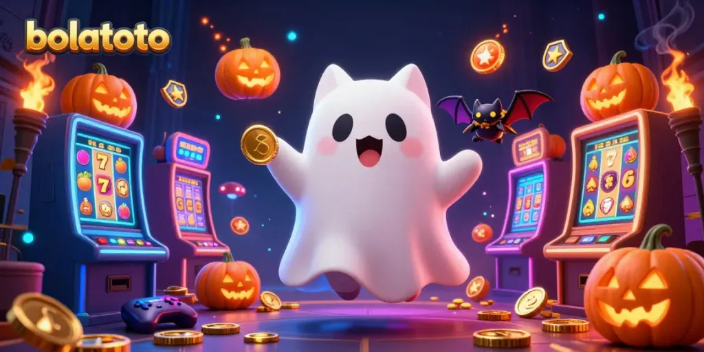 Experience the excitement of bolatoto in this vibrant ghost-themed casino scene with animated characters.