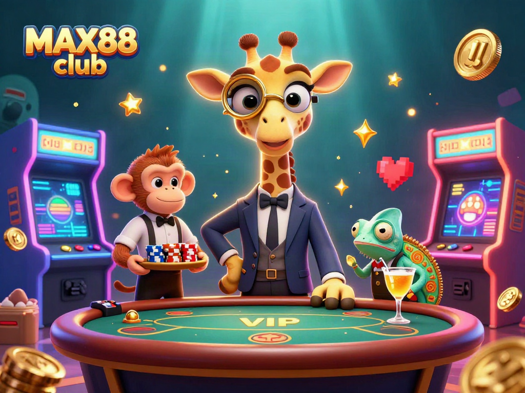 Experience the thrill at MAX88 club with a high-roller giraffe, monkey valet, and chameleon bartender in a vibrant casino