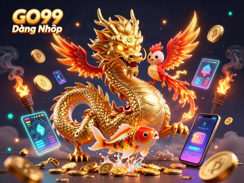 Experience exciting casino gameplay with GO99 Đăng Nhập through vibrant 3D art featuring a golden dragon.