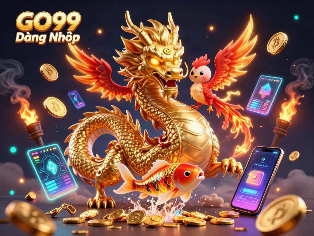 Experience exciting casino gameplay with GO99 Đăng Nhập through vibrant 3D art featuring a golden dragon.