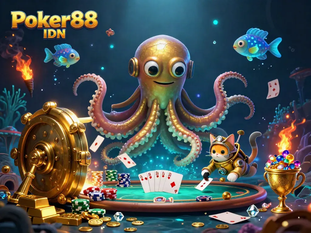 Join the excitement of Poker88 IDN with a vibrant illustration featuring a kraken and poker elements.