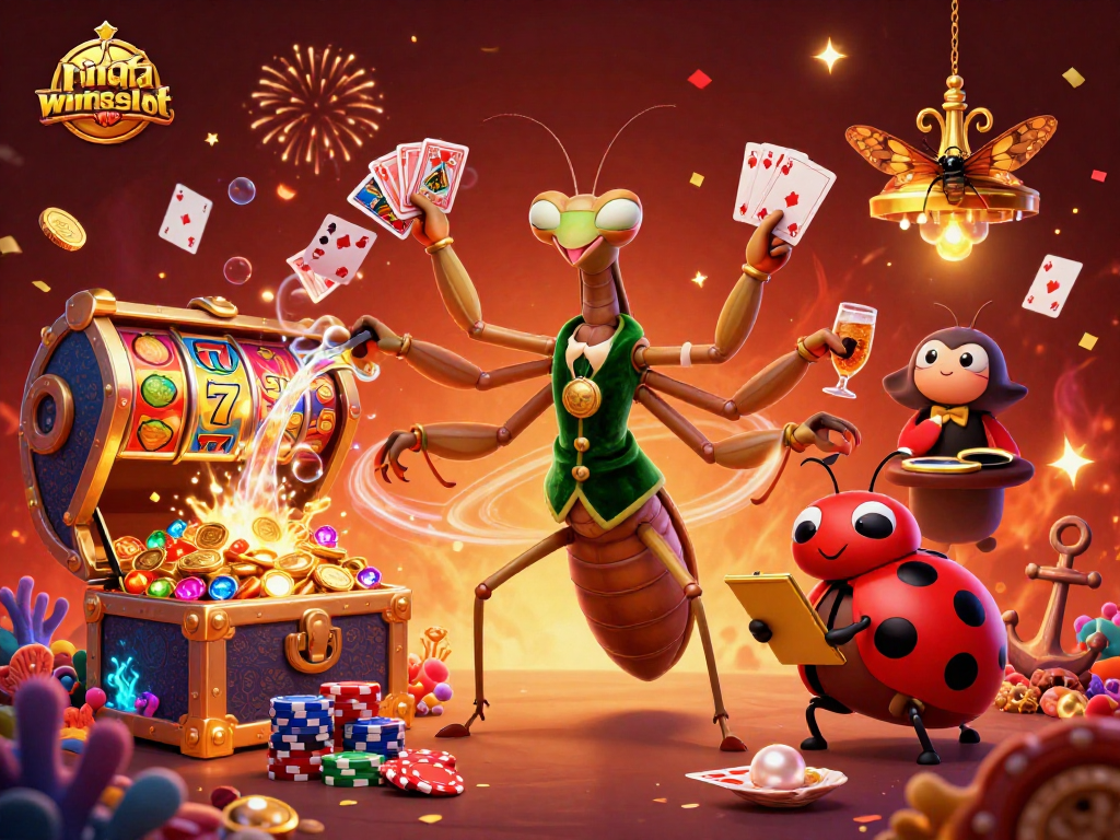 Join the excitement of pinatawinsslot with colorful slot reels and characters in vibrant casino scene.