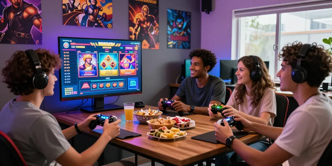 Friends enjoying a lively bandar slot gaming session in a colorful lounge.