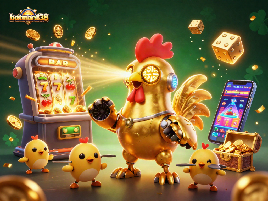 Engage with batman138 through a dynamic slot machine jackpot explosion illustration.
