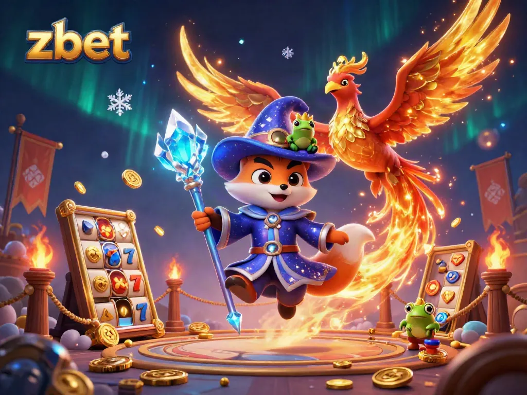Experience thrilling gameplay at Zbet with a magical wizard and phoenix in this animated casino illustration.